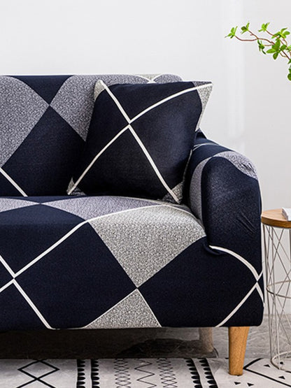 Navy Blue & White Printed 2 Seater Stretchable Sofa Cover With Arms