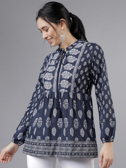 Women Navy Blue & White Printed Tunic