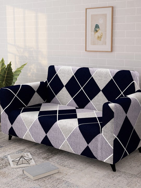 Navy Blue & White Printed 2 Seater Stretchable Sofa Cover With Arms