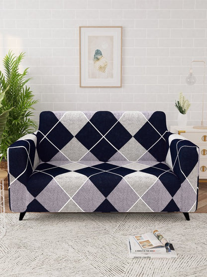 Navy Blue & White Printed 2 Seater Stretchable Sofa Cover With Arms