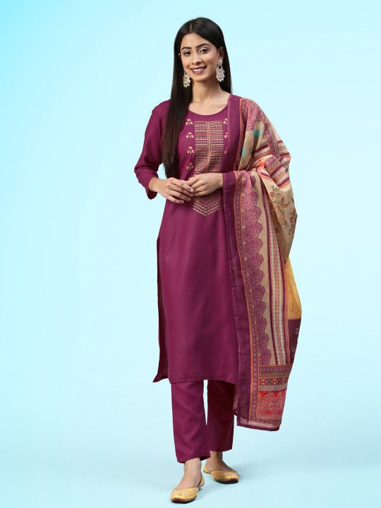 Embroidered Unstitched Kurta & Trouser With Dupatta Dress Material