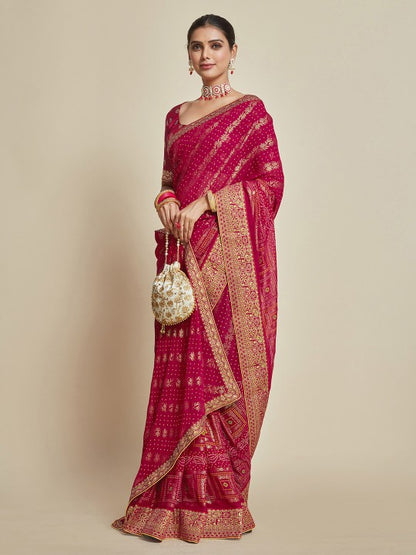 Pink Woven Design Zari Detail Poly Georgette Bandhani Saree