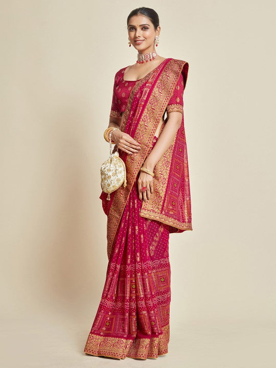 Pink Woven Design Zari Detail Poly Georgette Bandhani Saree