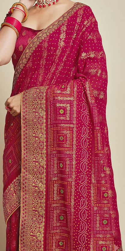 Pink Woven Design Zari Detail Poly Georgette Bandhani Saree