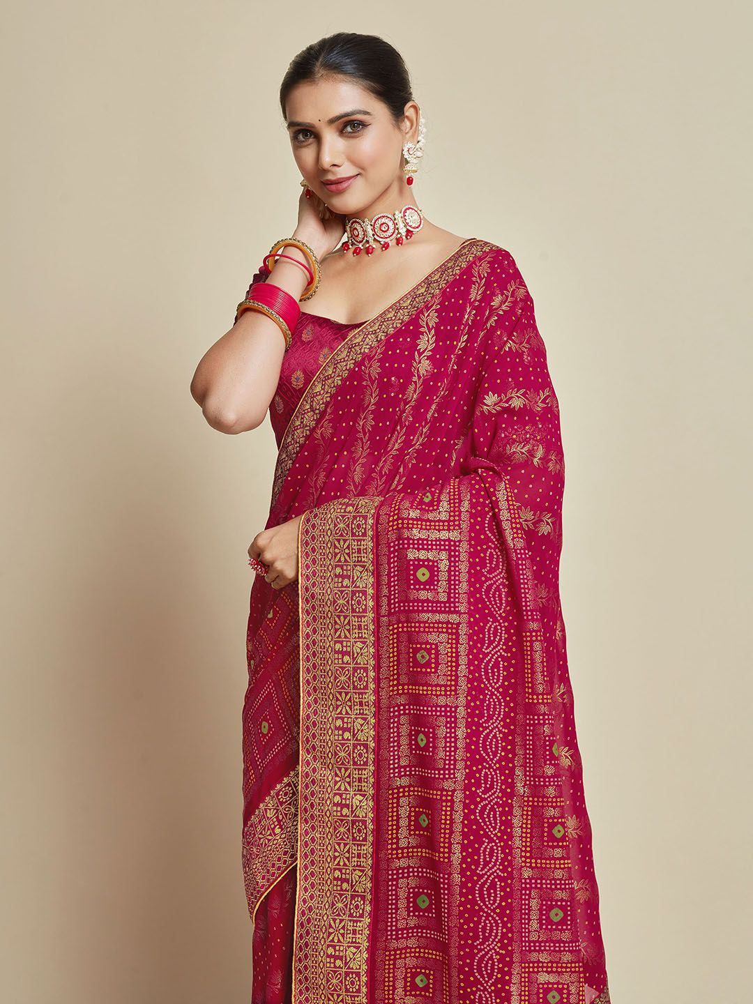 Pink Woven Design Zari Detail Poly Georgette Bandhani Saree